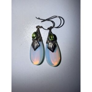 VTG Hook Earrings Opalite Glass Teardrop Green Peridot 925 Sterling